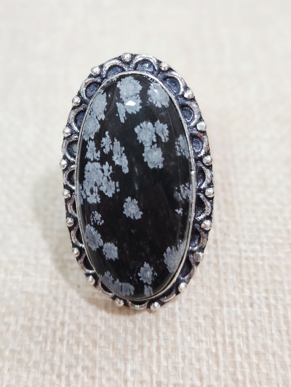 Snowflake Obsidian Oval Statement Ring - Black and Gray